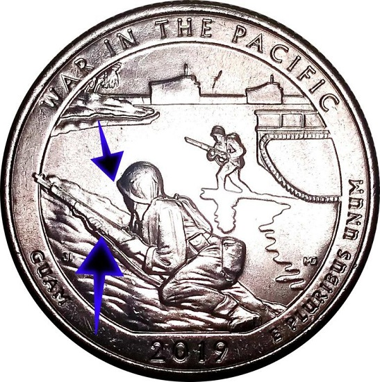 2019 Guam quarter errors with arrows noting error