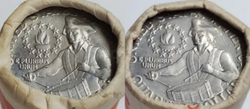 macro image of original wrapped uncirculated 1776 and 1976 quarter rolls