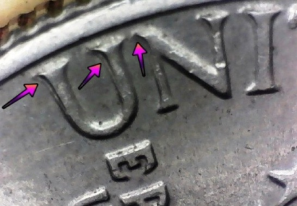 micro image showing shelf doubling on a 1776 to 1976 quarter dollar