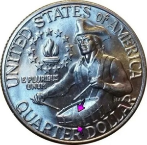 micro image of the 6-finger hand error on the reverse of a rare 1776-1976 Drummer Boy Bicentennial Quarter