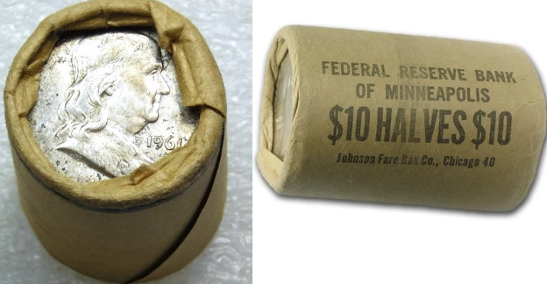 macro image of rolls of Benjamin Franklin silver half dollars for sale