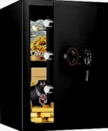 macro image of a safe with an open door displaying coins and gold bars inside