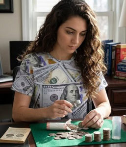 Coin Roll Hunting Girl wearing the money shirt