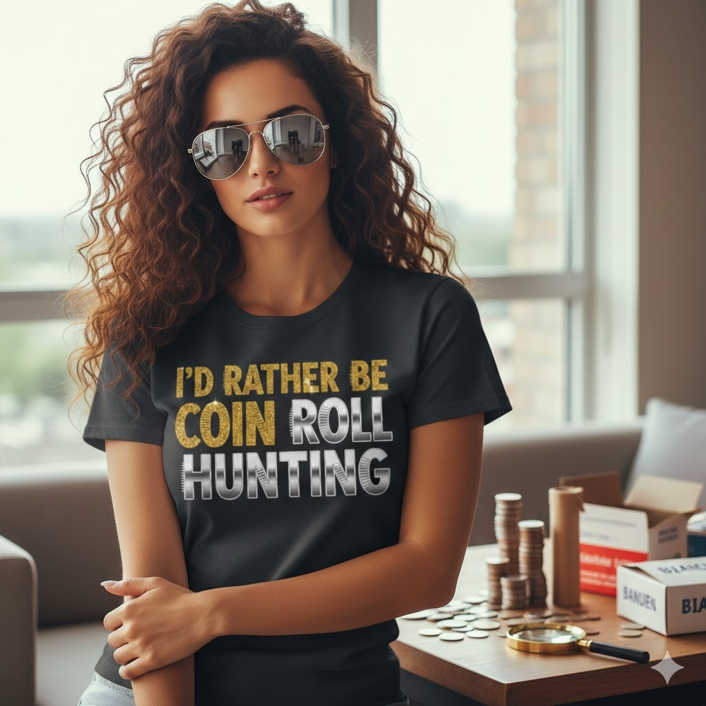I'd Rather Be Coin Roll Hunting display in chrome silver and glittery gold across the shirt worn by a female with shiny sunglasses