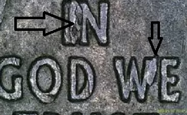 image of a 2009 Guam State Quarter obverse with arrows noting die chip errors