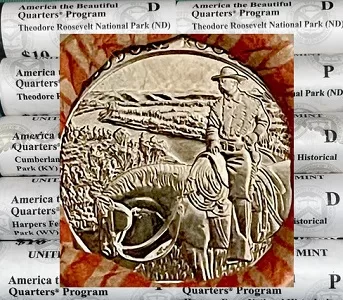 macro image of 2016 north dakota theodore roosevelt quarter rolls