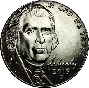 macro image of a 2019 D Jefferson nickel coin with full steps designation
