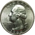 macro image of a silver 1964 quarter obverse