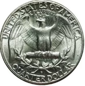 macro image of a silver 1964 quarter reverse