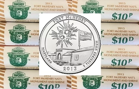 macro image of uncirculated rolls of 2013 Fort McHenry Maryland Quarters