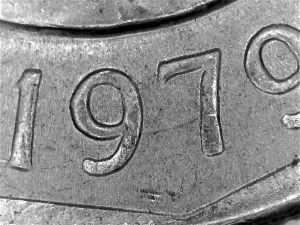 microscopic image of a 1979 Susan B Anthony Dollar Coin Date