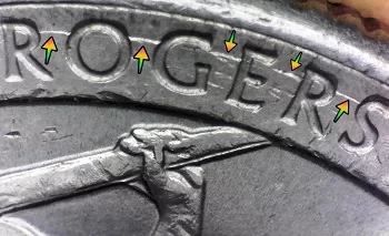 microscopic image of a die crack expanding across Rogers on a 2017 quarter