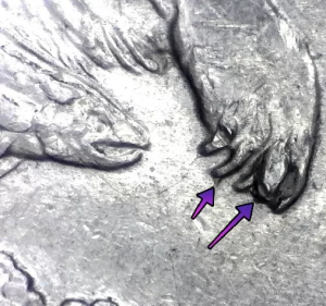 microscopic image of alaska quarter errors up close of extra claw bear quarter error noted by arrows