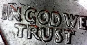 microscopic image of die lines on a silver 1964 American quarter.