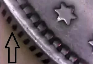 microscopic image of arrow noting rare wide reeded rim 1921 morgan dollar VAM Variety Coin