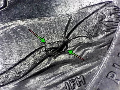 microscopic image of a die break on the reverse of a voyagers quarter