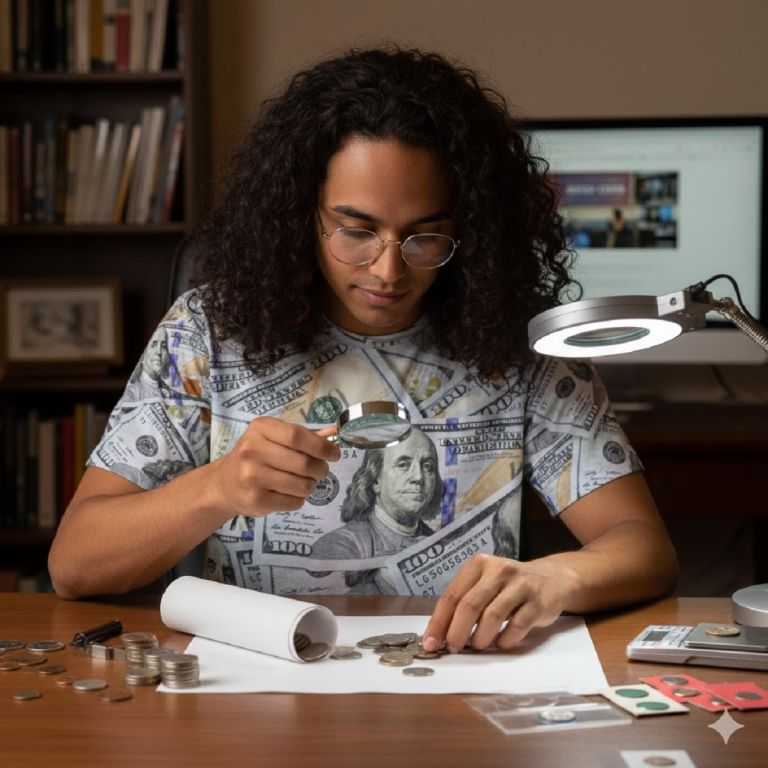 show me the money shirt worn by a person coin roll hunting coins