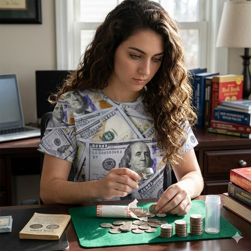 show me the money shirt worn by a girl coin roll hunting coins