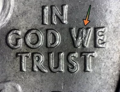 up close image of die chip in W of In God We Trust Quarter 2005 Oregon State Crater Lake Obverse